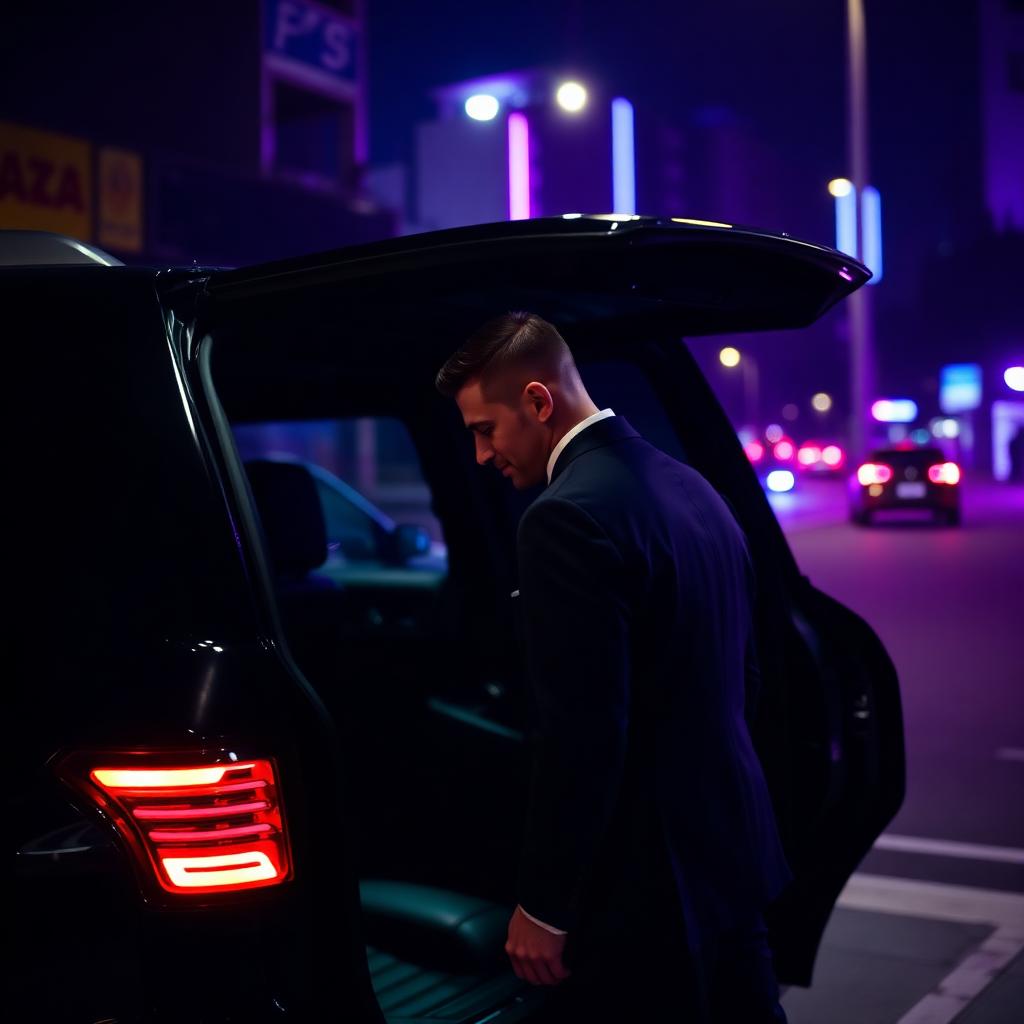 Conductor profesional de Noches Bogotá junto a un vehículo premium de noche